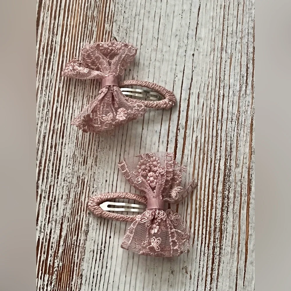 Dusty Rose Lace Bow Hair Clips - Set of 2 - Picture 8 of 12